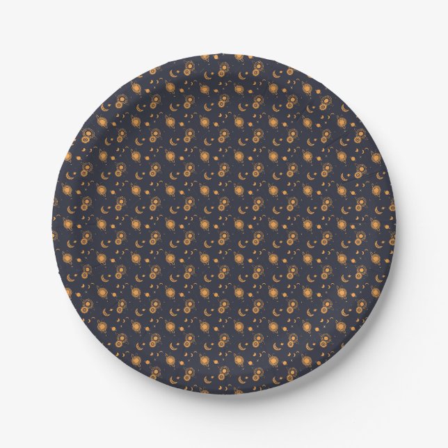 Golden black celestial sun moon galaxy pattern paper plates (Front)