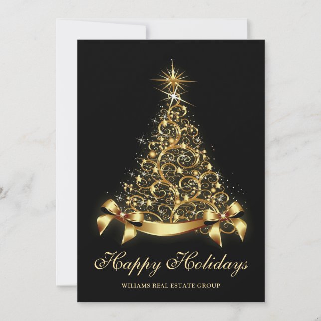 Golden Black Christmas Tree Corporate Greeting Holiday Card (Front)