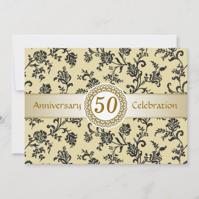 Golden Black Damask, 50th Wedding Anniversary Invitation (Front)