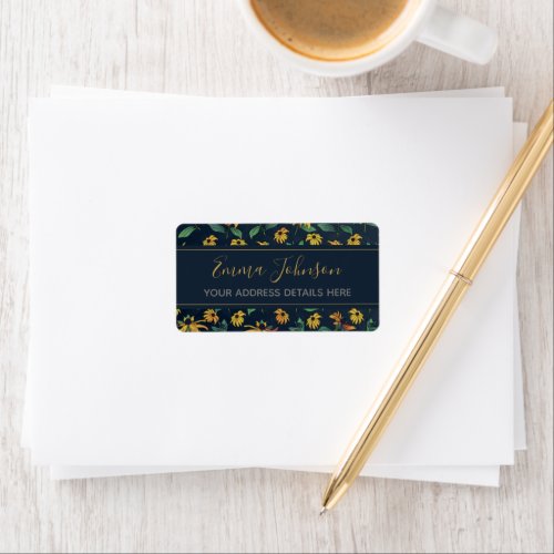 Golden Black_Eyed Daisy Flowers Dark Blue Design Label