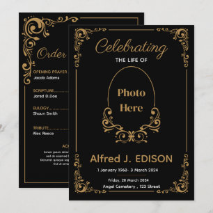 Golden Black Funeral Program, Funeral Memorial Invitation