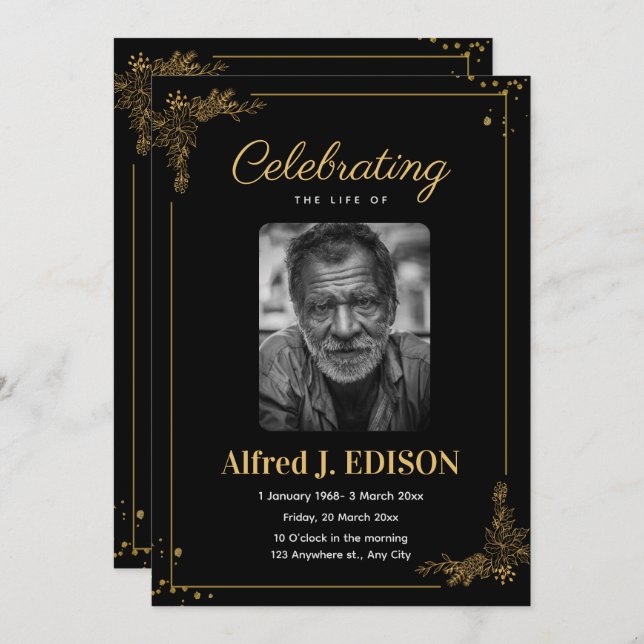 Golden Black Funeral Program, Funeral Memorial Invitation (Front/Back)