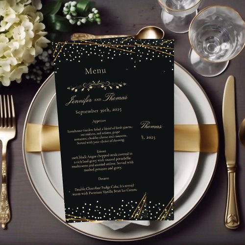 Golden Black Glitter Confetti Wedding Menu