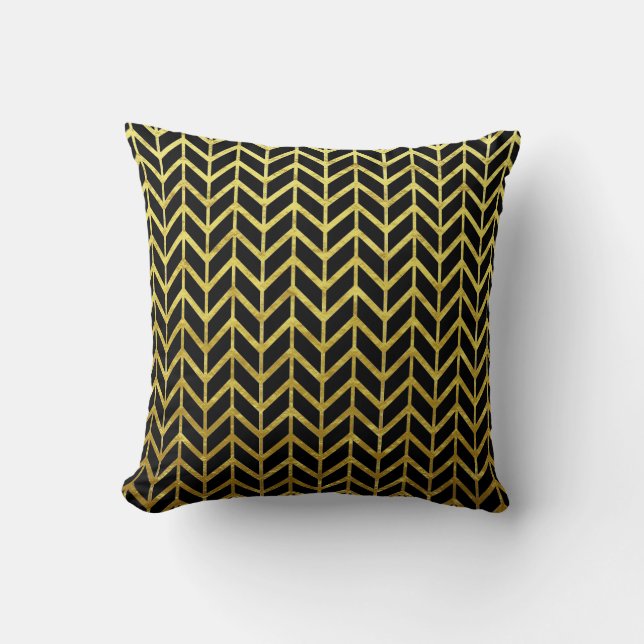 Golden Black Herringbone Patterns Unique Elegant Throw Pillow (Front)