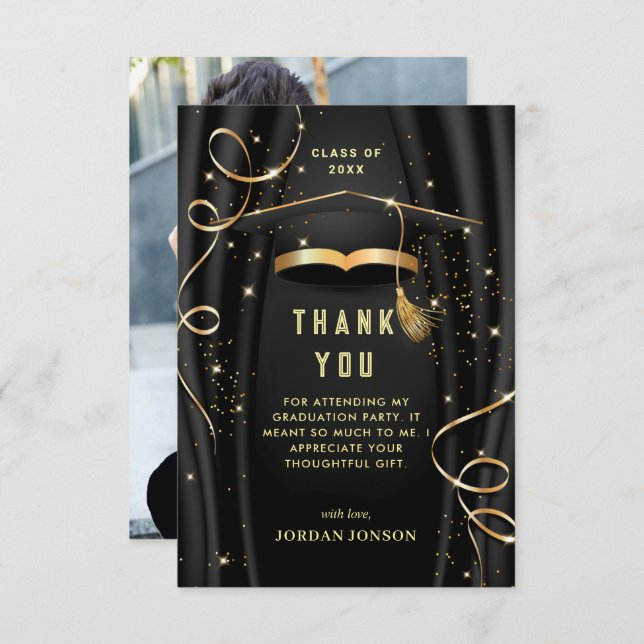 Golden Black Modern Graduation PHOTO Thank You Card (Front/Back)