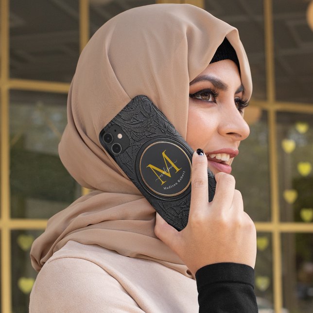 Golden & Black Modern Script Bold Monogram Initial Case-Mate iPhone Case (Creator Uploaded)