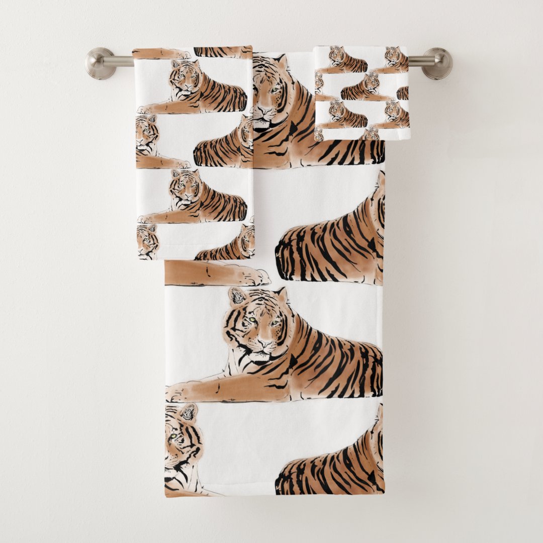 Golden & Black Tiger Animal White Design Bath Towel Set | Zazzle