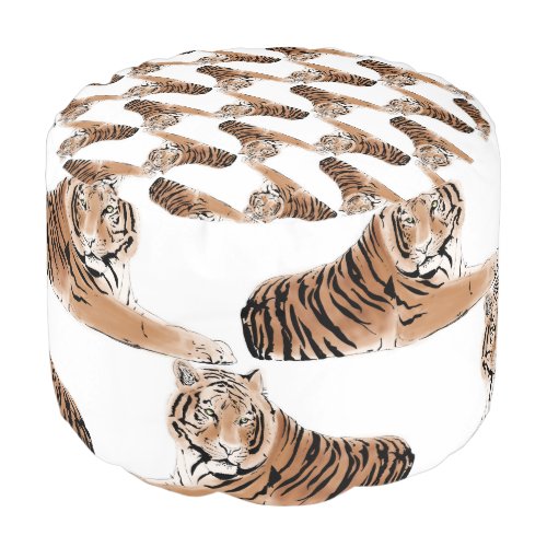 Golden  Black Tiger Animal White Design Pouf