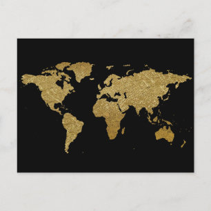 golden black world map postcard