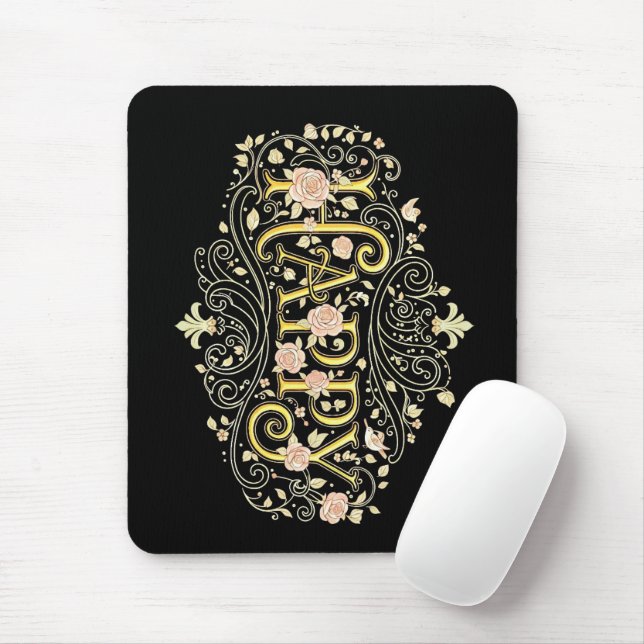 Golden Bliss: Elegant Floral Happy Mouse Pad (With Mouse)