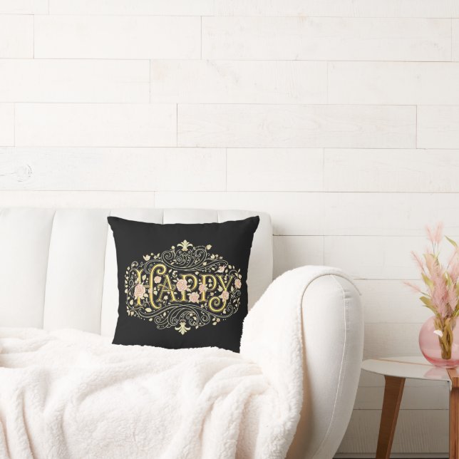 Golden Bliss: Elegant Floral Happy Throw Pillow (Couch)