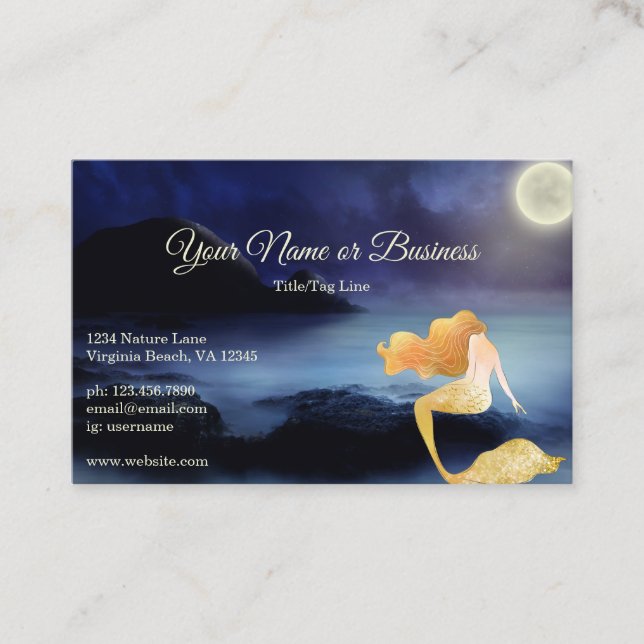 Golden Blond Mermaid Full Moon Lagoon Beach Business Card (Front)