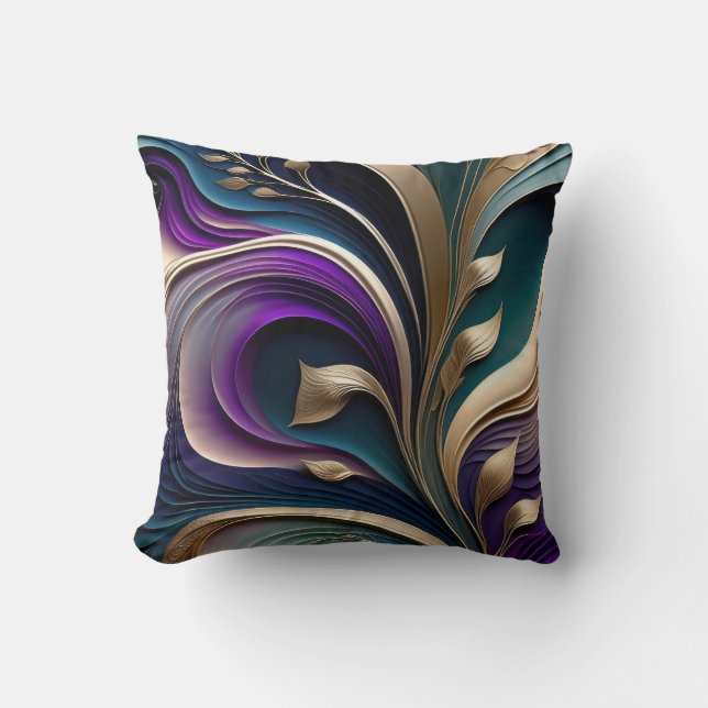 Golden Bloom - Deep Purple and Teal Abstract Flora Throw Pillow (Front)