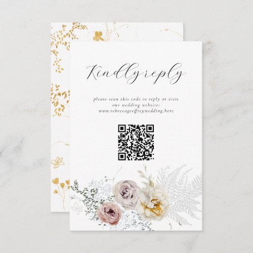 Golden Bloom Delicate Floral Calligraphy QR Code RSVP Card