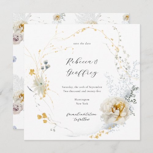 Golden Bloom Delicate Floral Calligraphy Square Save The Date