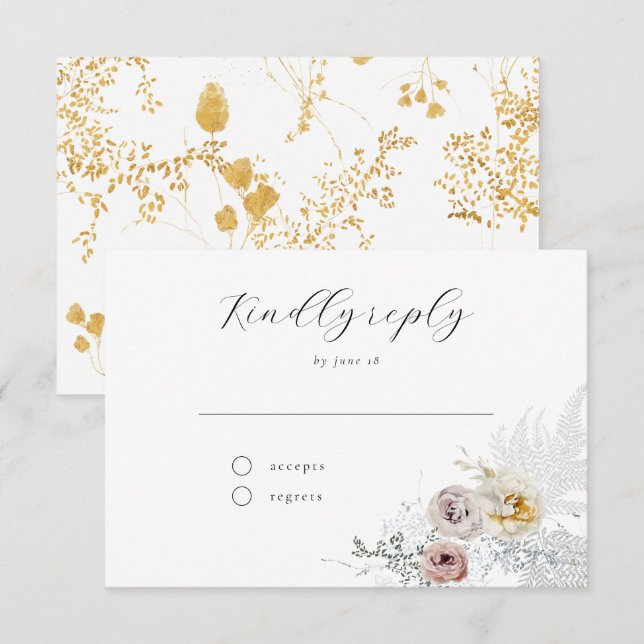 Golden Bloom Delicate Floral Calligraphy Wedding R RSVP Card (Front/Back)