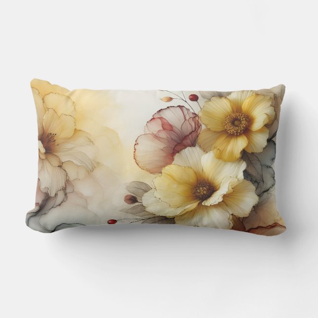 "Golden Bloom Elegance: Abstract Floral Serenity" Lumbar Pillow (Front)