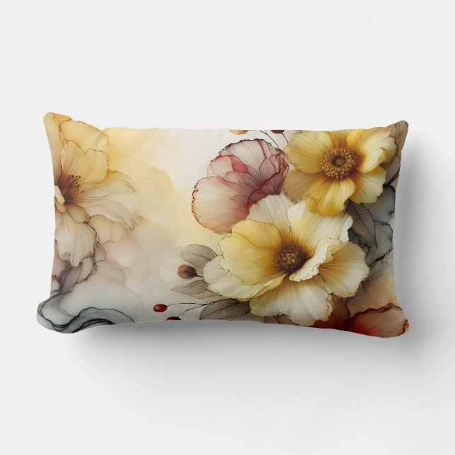 "Golden Bloom Elegance: Abstract Floral Serenity" Lumbar Pillow (Front)
