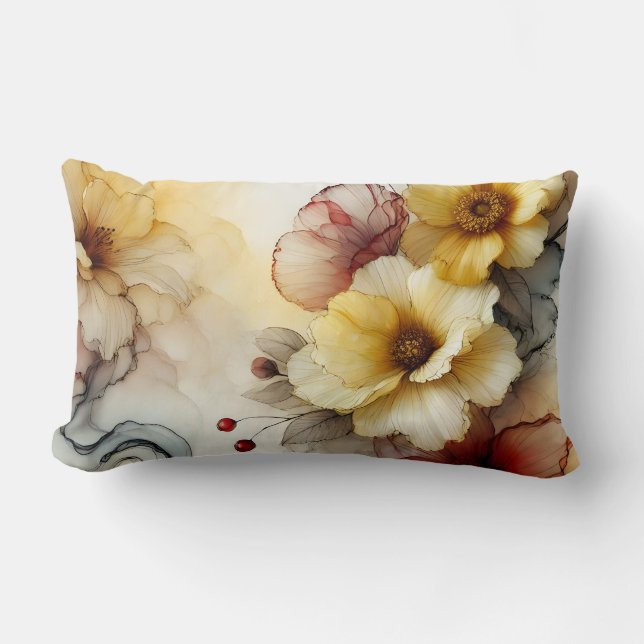 "Golden Bloom Elegance: Abstract Floral Serenity" Lumbar Pillow (Front)