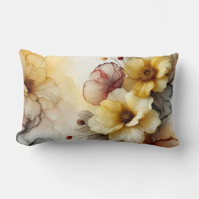 "Golden Bloom Elegance: Abstract Floral Serenity" Lumbar Pillow (Front)