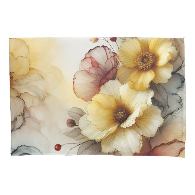 "Golden Bloom Elegance: Abstract Floral Serenity" Pillow Case (Front)
