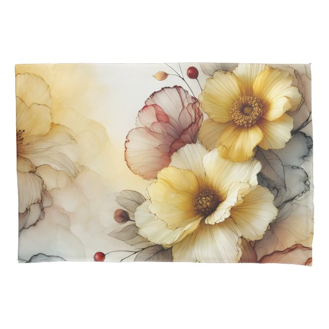 "Golden Bloom Elegance: Abstract Floral Serenity" Pillow Case (Front-Left)