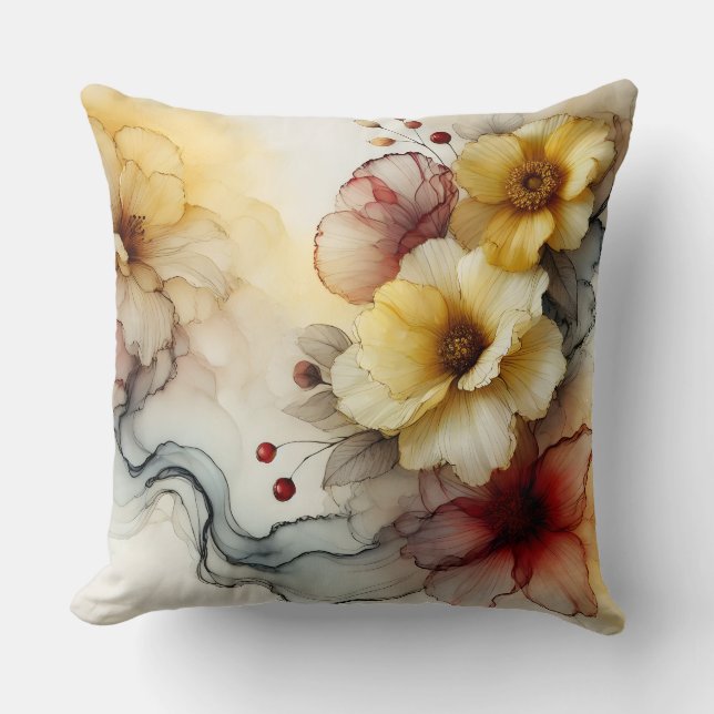 "Golden Bloom Elegance: Abstract Floral Serenity" Throw Pillow (Front)