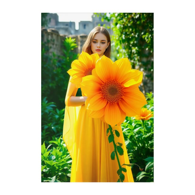 Golden Bloom Elegance – Woman in Yellow with Giant Acrylic Print (Front)