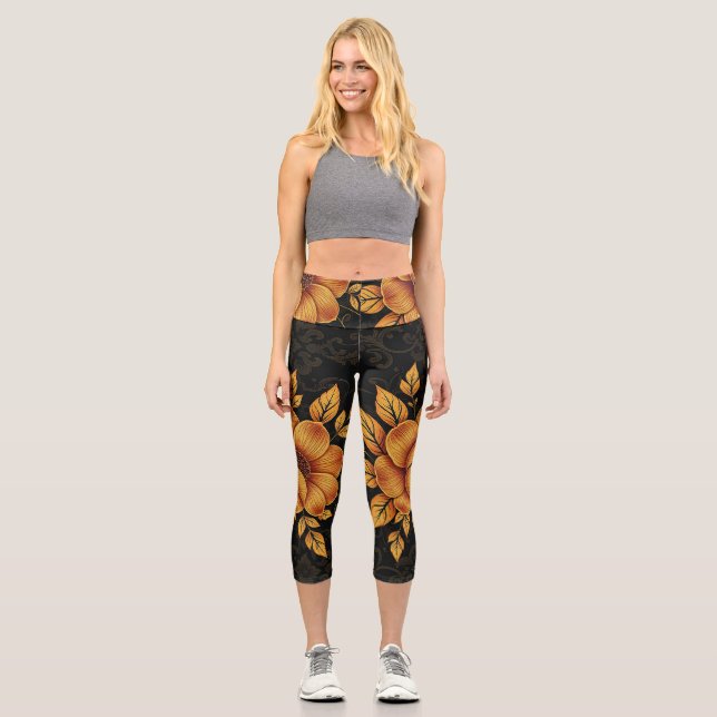 Golden Bloom Floral Capri Leggings (Front)