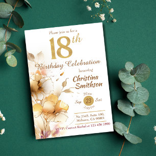 Golden Bloom - floral elegant modern 18th Birthday Invitation