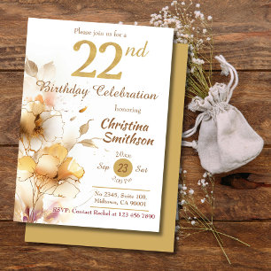 Golden Bloom - floral elegant modern 22nd Birthday Invitation