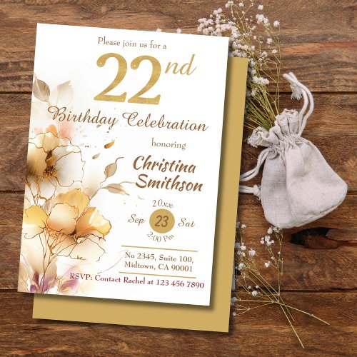 Golden Bloom _ floral elegant modern 22nd Birthday Invitation