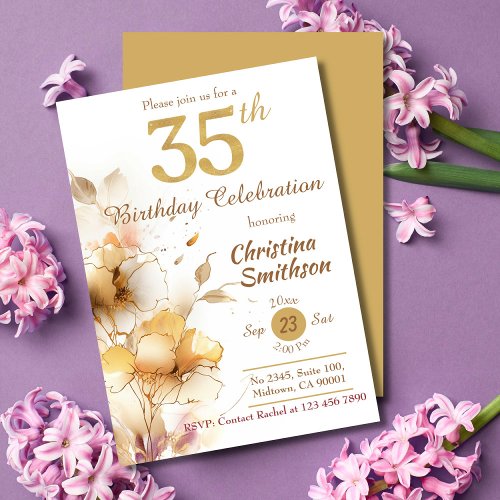 Golden Bloom _ floral elegant modern 35th Birthday Invitation
