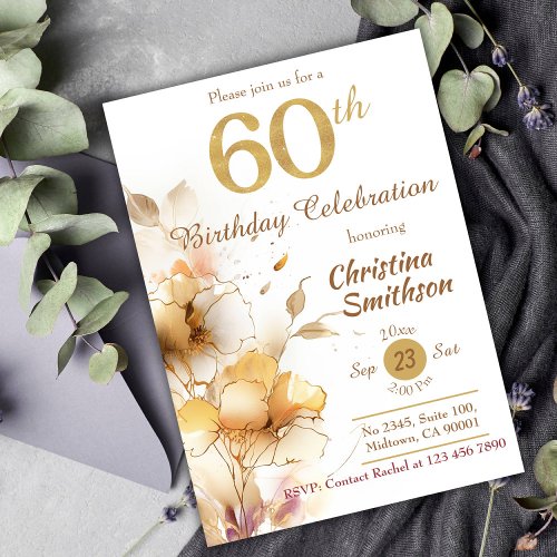 Golden Bloom _ floral elegant modern 60th Birthday Invitation