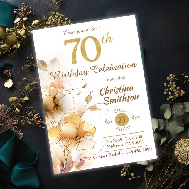 Golden Bloom - floral elegant modern 70th Birthday Invitation (Creator Uploaded)