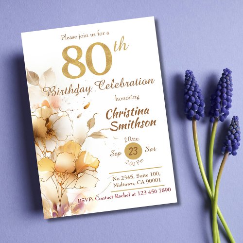 Golden Bloom _ floral elegant modern 80th Birthday Invitation