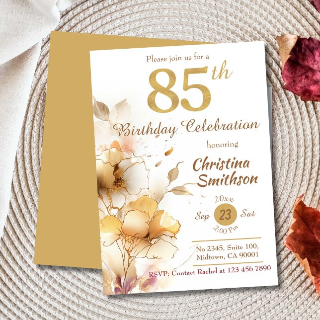 Golden Bloom - floral elegant modern 85th Birthday Invitation (Creator Uploaded)