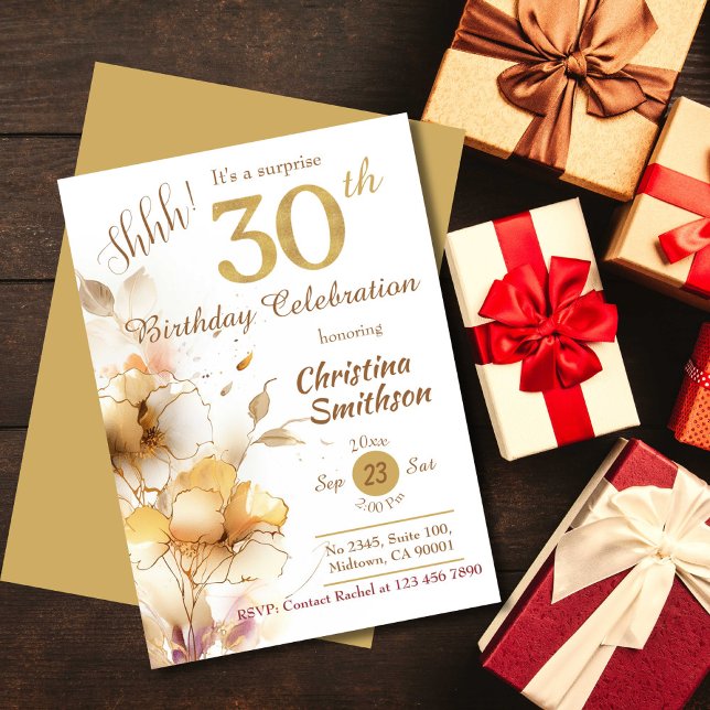 Golden bloom floral elegant surprise 30th Birthday Invitation (Creator Uploaded)