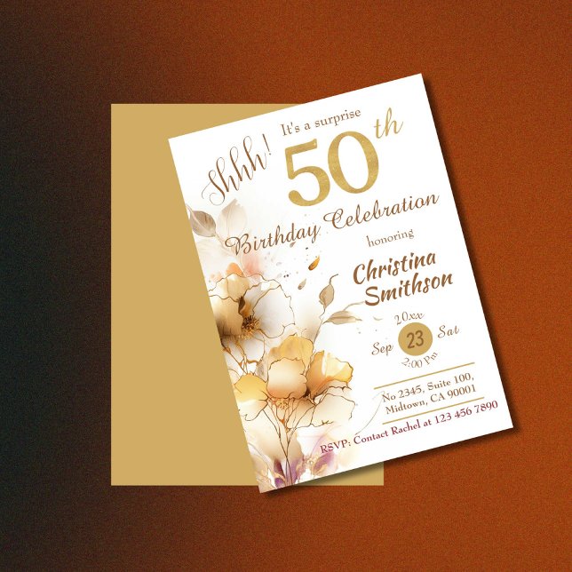 Golden bloom floral elegant surprise 50th Birthday Invitation (Creator Uploaded)