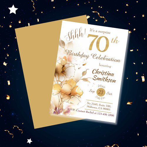 Golden bloom floral elegant surprise 70th Birthday Invitation