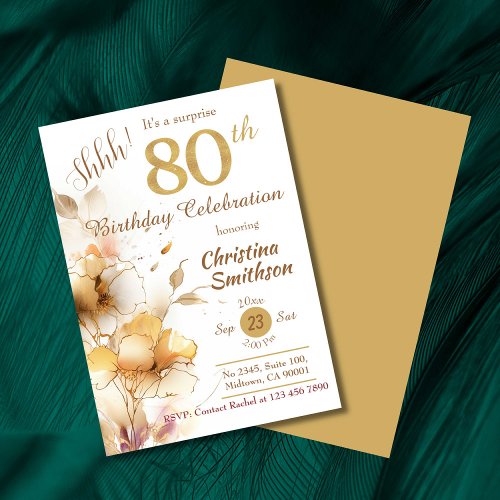 Golden bloom floral elegant surprise 80th Birthday Invitation