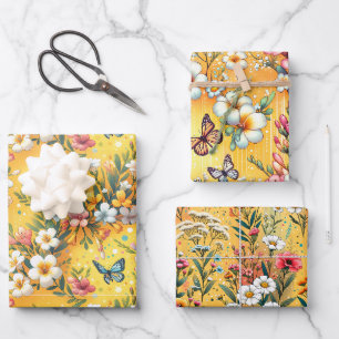 Golden Bloom Garden 3 Wrapping Paper Sheets