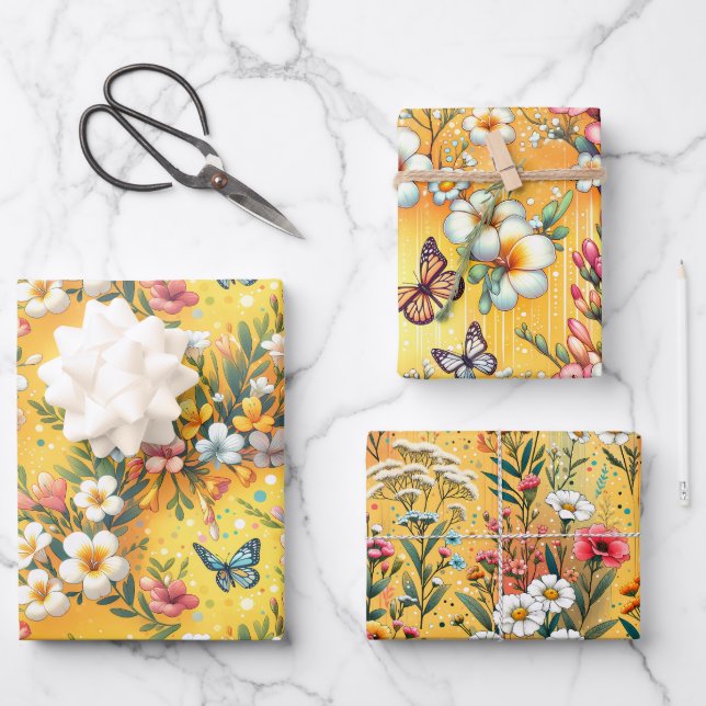 Golden Bloom Garden 3 Wrapping Paper Sheets (Front)