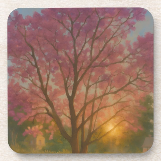 Golden Bloom – Sunset Garden Painting Beverage Coaster (Front)