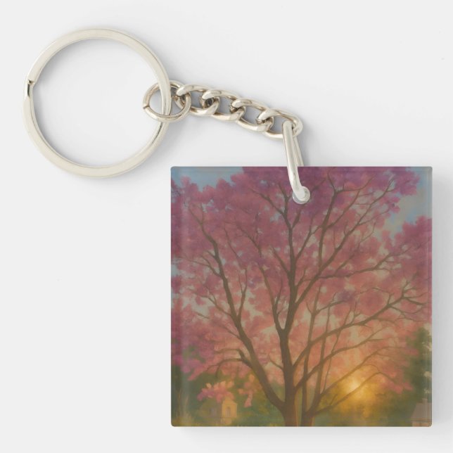 Golden Bloom – Sunset Garden Painting Keychain (Front)