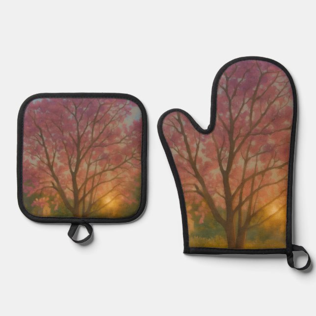 Golden Bloom – Sunset Garden Painting Oven Mitt & Pot Holder Set (Front)
