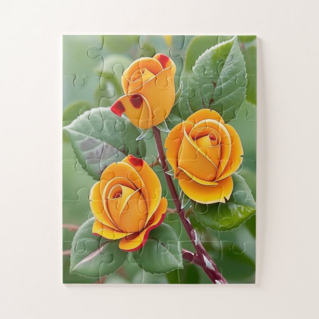 Golden Bloom Trio | Yellow Rose Botanical  Jigsaw Puzzle (Vertical)