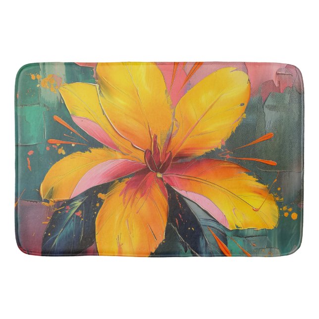 Golden Bloom – Vibrant Abstract Floral Expression Bath Mat (Front)