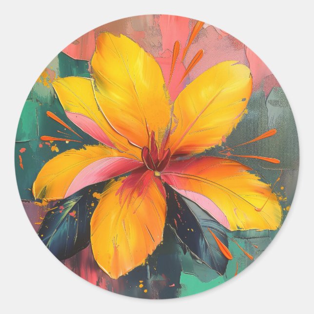 Golden Bloom – Vibrant Abstract Floral Expression Classic Round Sticker (Front)
