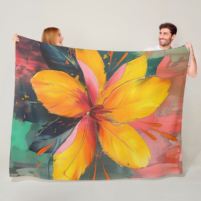 Golden Bloom – Vibrant Abstract Floral Expression Fleece Blanket (In Situ)